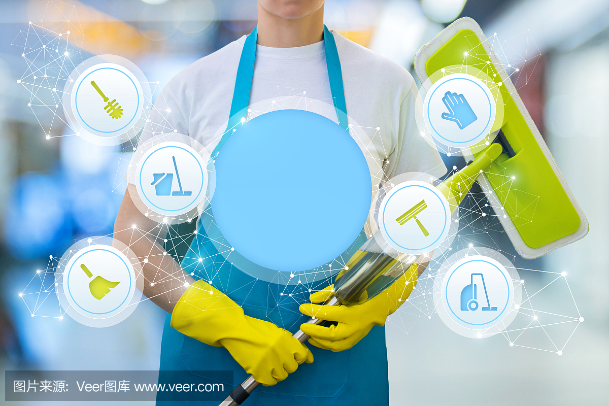 帶有清潔服務圖標的清潔工。